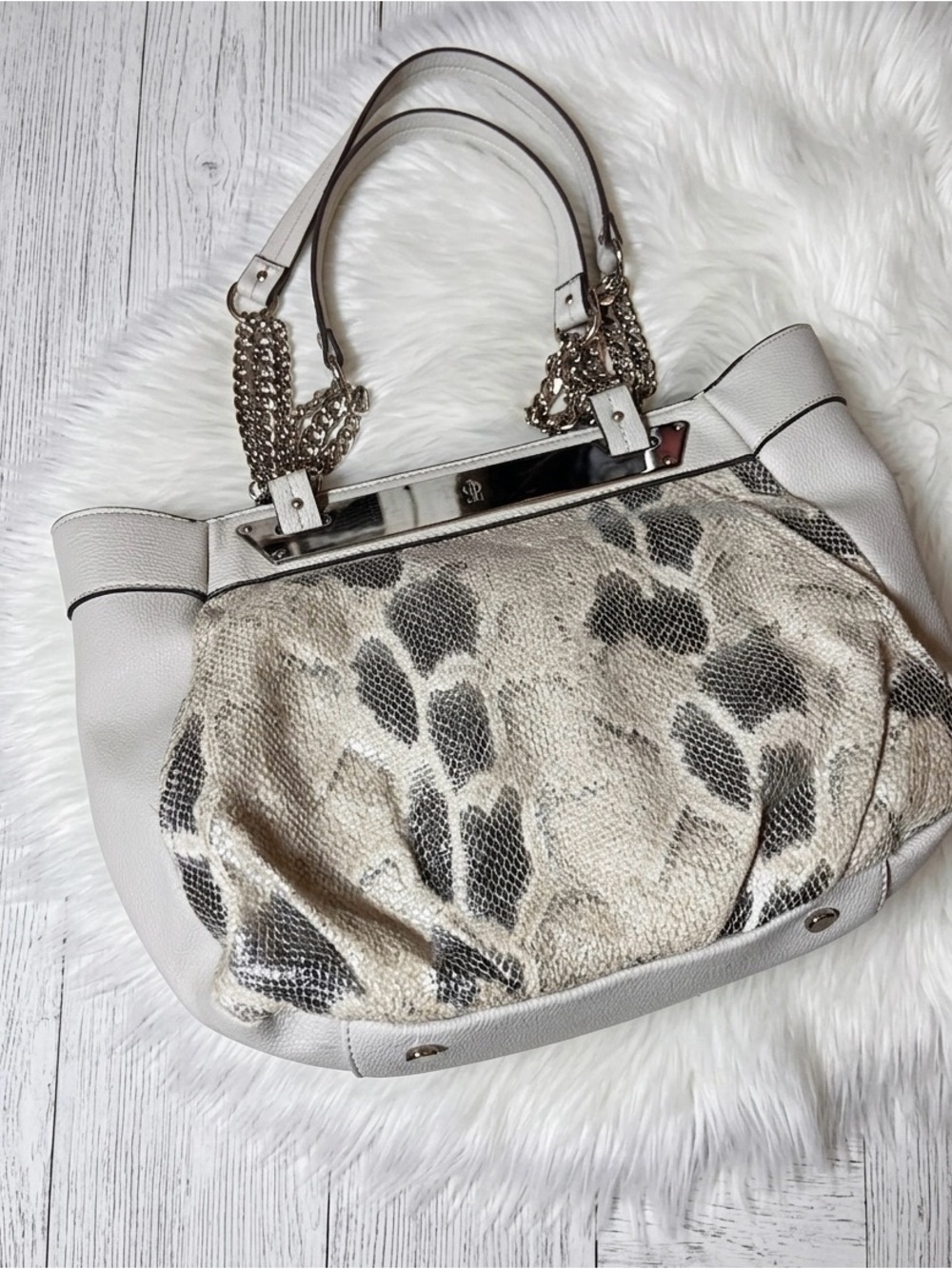 Jennifer Lopez Metallic Snake-Print Shoulder Tote in Silver and Cream